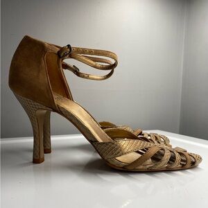 Carlos Santana Tan & Gold Leather & Suede Strappy Snakeskin Print Heels 9 J
